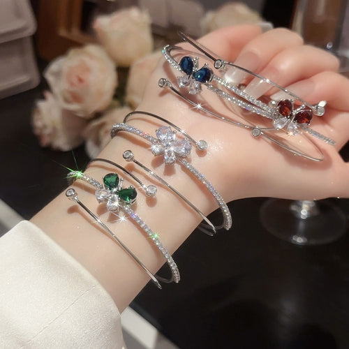 Light Luxury Copper Zircon Teardrop Butterfly Triple Layer Open Bangle for Women