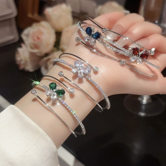 Light Luxury Copper Zircon Teardrop Butterfly Triple Layer Open Bangle for Women
