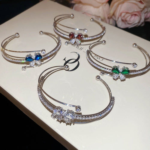 Light Luxury Copper Zircon Teardrop Butterfly Triple Layer Open Bangle for Women