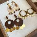 Vintage Ethnic Alloy Drop Earrings With Teardrop Wood Bead Geometric Round Tassel Pendant view 1