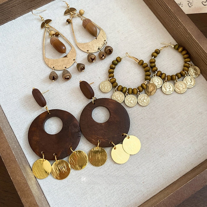 Vintage Ethnic Alloy Drop Earrings With Teardrop Wood Bead Geometric Round Tassel Pendant