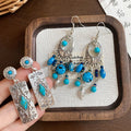 Ethnic Style Faux Turquoise Oval Hollow Floral Round Leaf Tassel Drop Earrings view 3