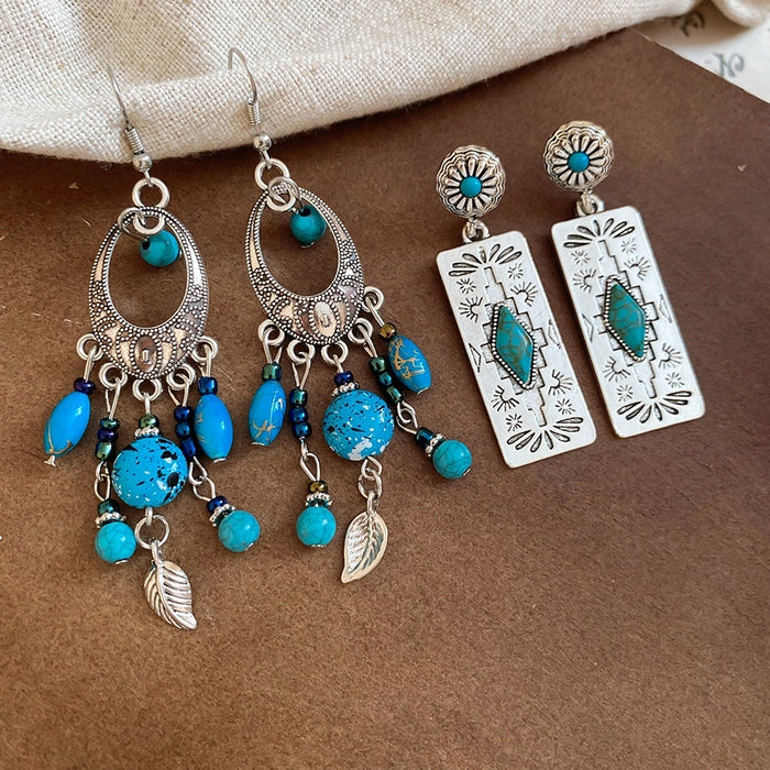 Ethnic Style Faux Turquoise Oval Hollow Floral Round Leaf Tassel Drop Earrings