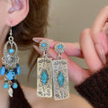 Ethnic Style Faux Turquoise Oval Hollow Floral Round Leaf Tassel Drop Earrings view 2