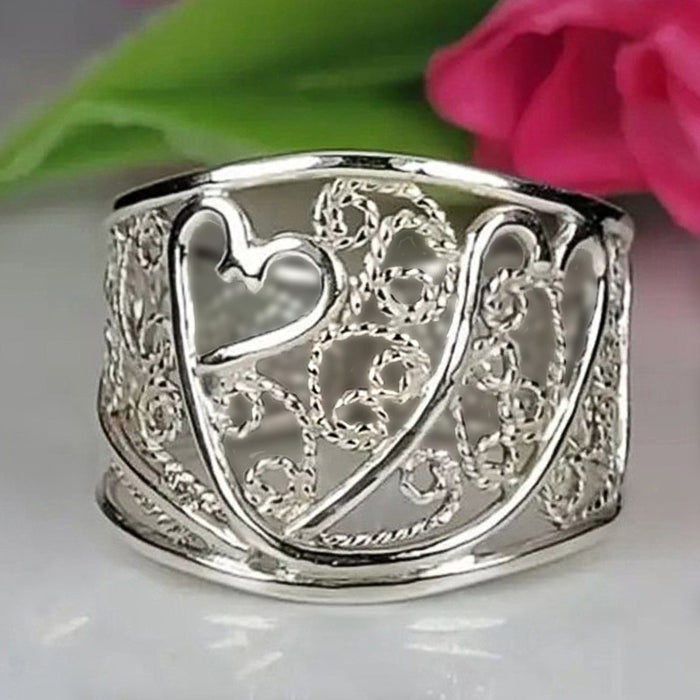 Women's Hollow Braided Heart Ring, Korean Princess Style Sweet Heart Shape Fashion Jewelry