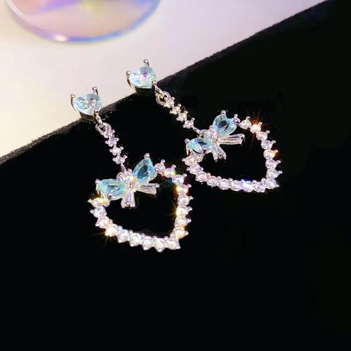 Copper Zircon Bow Heart Pendant Drop Earrings Elegant Light Luxury Geometric Ear Jewelry