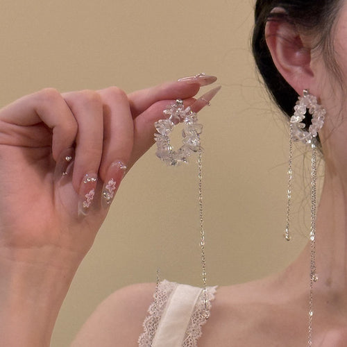 Light Luxury Mixed Material Crystal Geometric Round Tassel Drop Earrings With Silver Pins