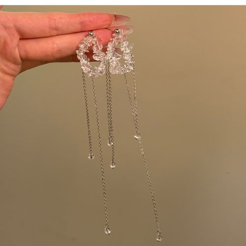 Light Luxury Mixed Material Crystal Geometric Round Tassel Drop Earrings With Silver Pins