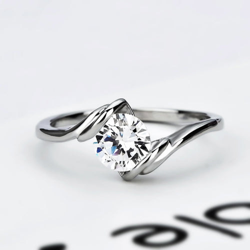 Silver-Tone Round Solitaire Ring With Twisted Open Band shown in front product view