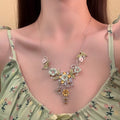 Alloy Rhinestone Enamel Cross Leaf Flower Pendant Necklace Vacation Style Collarbone Jewelry view 1