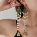 Vintage Ethnic Green Rhinestone Pearl Bell Tassel Long Chandelier Alloy Statement Vacation Earrings view 1