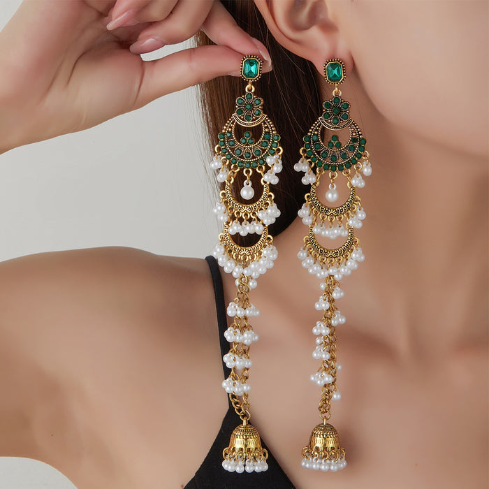 Vintage Ethnic Green Rhinestone Pearl Bell Tassel Long Chandelier Alloy Statement Vacation Earrings