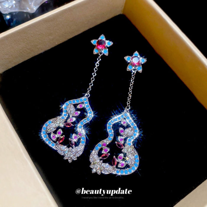 Chic Copper Colorful Zircon Flower Gourd Tassel Drop Earrings With Silver Needle Posts
