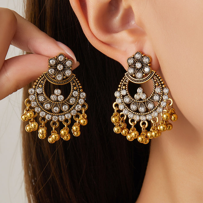 Vintage Ethnic Flower Rhinestone Alloy Chandelier Tassel Gold Bead Bohemian Statement Earrings