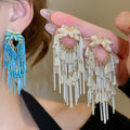 Light Luxury Pearl Bow Crystal Tassel Drop Earrings With Rhinestone Inlay And Silver Pin view 2