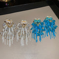 Light Luxury Pearl Bow Crystal Tassel Drop Earrings With Rhinestone Inlay And Silver Pin view 3