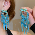 Light Luxury Pearl Bow Crystal Tassel Drop Earrings With Rhinestone Inlay And Silver Pin view 4