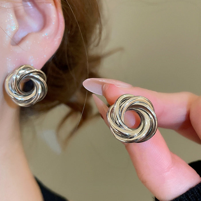 Metallic Flower Stud Earrings With Silver Pins, Geometric Minimalist Versatile Fashion Jewelry