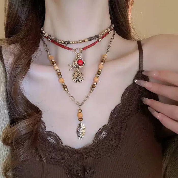 Vintage Ethnic Geometric Three Layer Wood Bead Crystal Coconut Shell Sweater Necklace For Women
