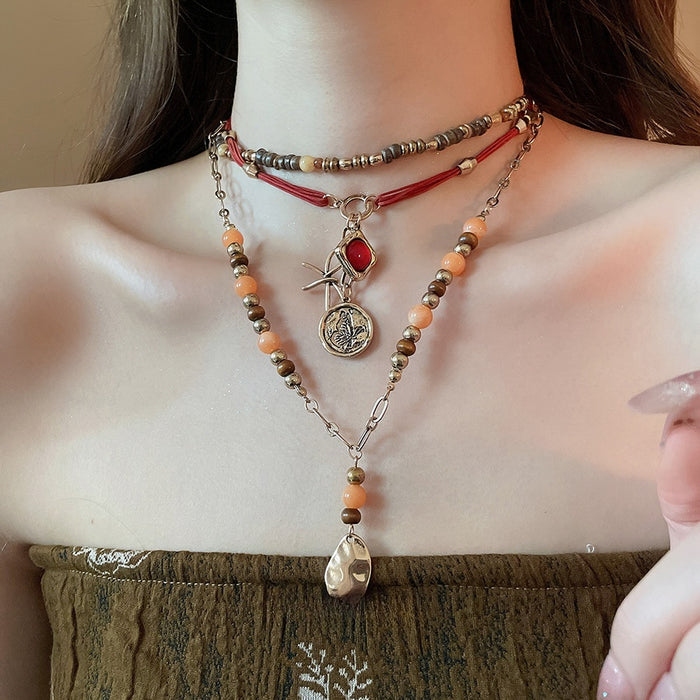 Ethnic Coconut Shell Wood Bead Three Layer Round Oval Pendant Collarbone Necklace For Women