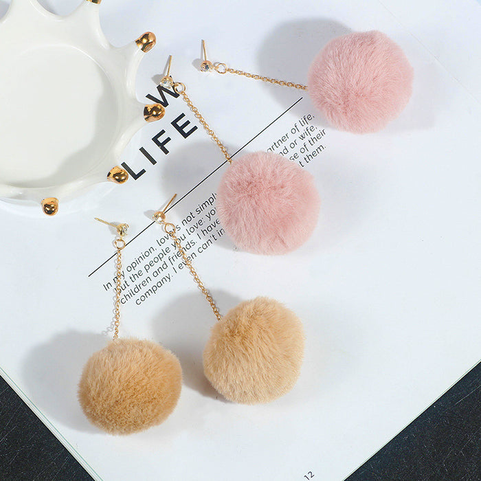 Gold Ball Chain Large Fuzzy Pom Pom Stud Earrings in Three Colors