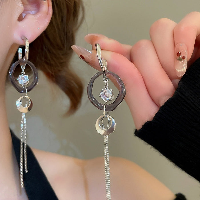 Light Luxury Acrylic Zircon Geometric Round Tassel C-Shaped Drop Earrings For Women