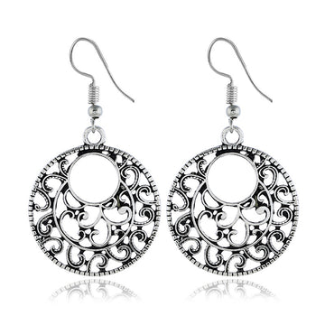 Antique Silver Openwork Scroll Round Hook Earrings
