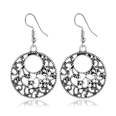 isolated antique-silver scroll round hook earrings