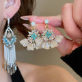 Chic Alloy Flower Crystal Fan Pendant Stud Earrings With Sparkling Rhinestone Accents view 1