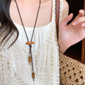 Vacation Style Wax Cord Round Ceramic Wood Bead Tassel Pendant Sweater Necklace For Women view 3
