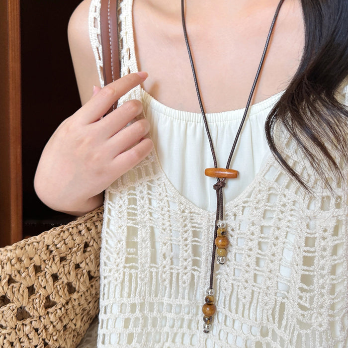 Vacation Style Wax Cord Round Ceramic Wood Bead Tassel Pendant Sweater Necklace For Women