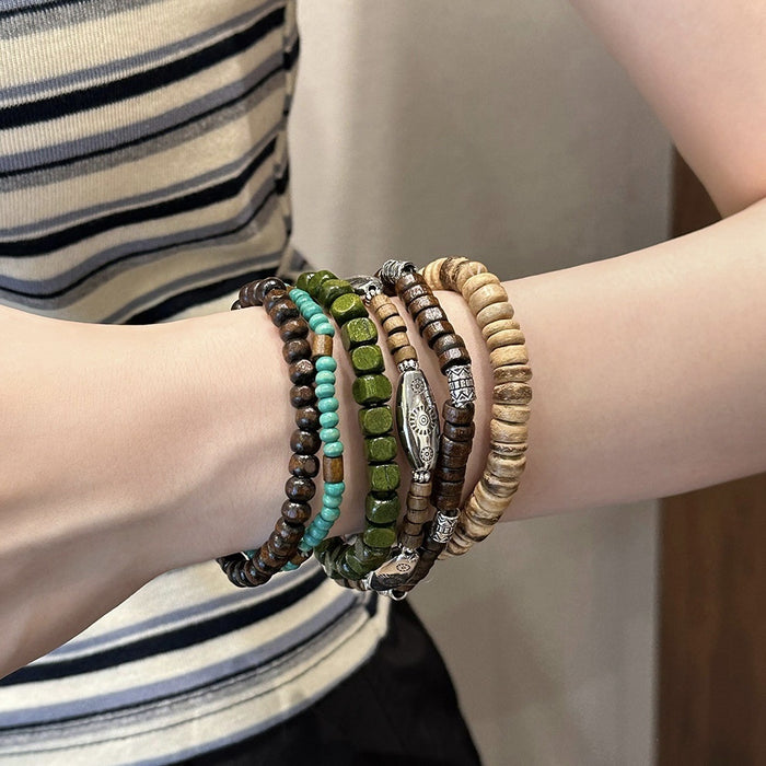 Vintage Bohemian Wooden Beaded Bracelet With Round Geometric Ethnic Stackable Design
