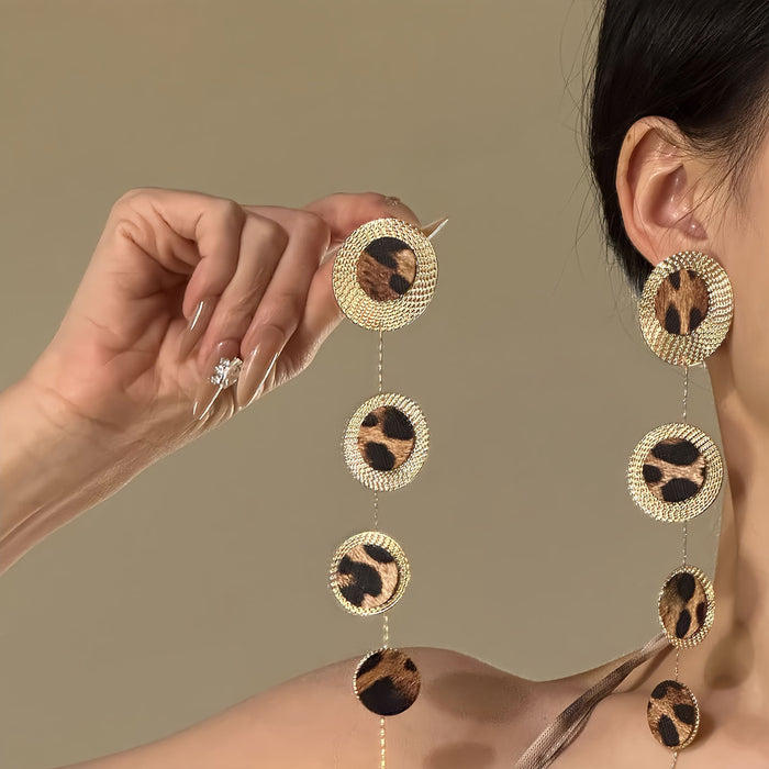 European American Style Leather Leopard Print Round Textured Tassel Drop Earrings For Women
