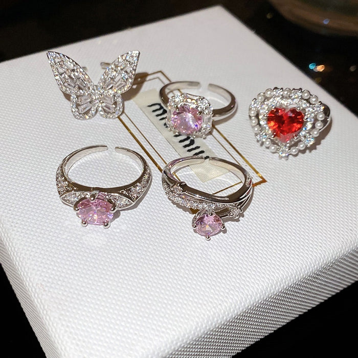 Light Luxury Copper Zircon Heart Butterfly Double Layer Open Ring For Women