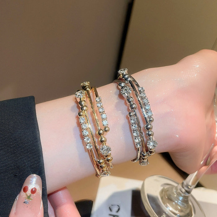 European Style Light Luxury Rhinestone Multilayer Geometric Open Metal Bangle With Circle Design