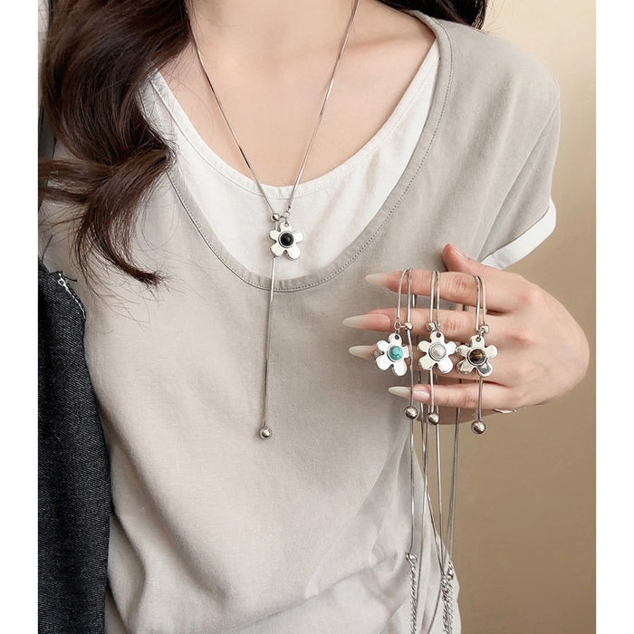 Korean Style Copper Flower Adjustable Pendant Sweater Necklace For Women Minimalist Accessory