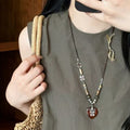 Vacation Style Ceramic Stone Crystal Beaded Heart Cross Pendant Sweater Necklace view 4