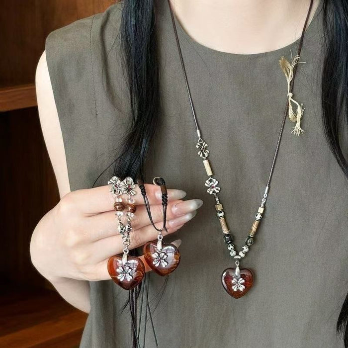 Vacation Style Ceramic Stone Crystal Beaded Heart Cross Pendant Sweater Necklace