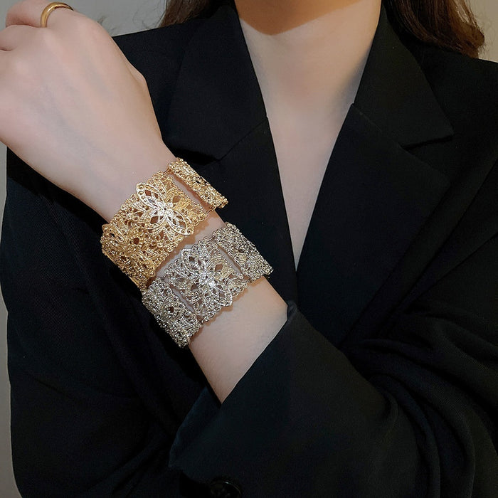 French Court Style Open Metal Bangle With Square Patchwork And Hollow Flower Design