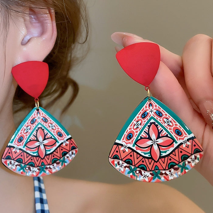 Acrylic Printed Triangle Drop Earrings With Silver Pin Retro Hong Kong Style Geometric Jewelry