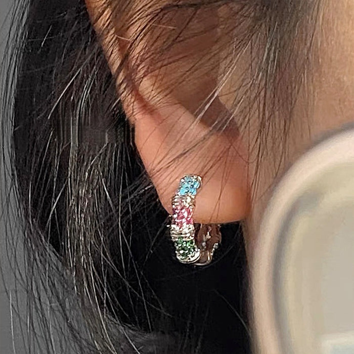Light Luxury Copper Earrings With Colorful Zircon Geometric Round Design For Women