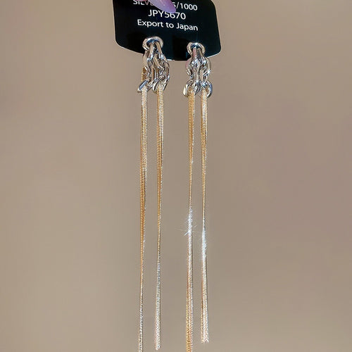 Minimalist Copper Geometric Chain Tassel Drop Earrings With Silver Pins For Women