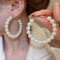 Elegant Pearl Beaded Geometric Hoop Earrings With Silver Pins For Women view 3