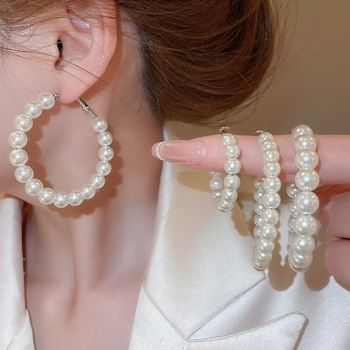 Elegant Pearl Beaded Geometric Hoop Earrings With Silver Pins For Women