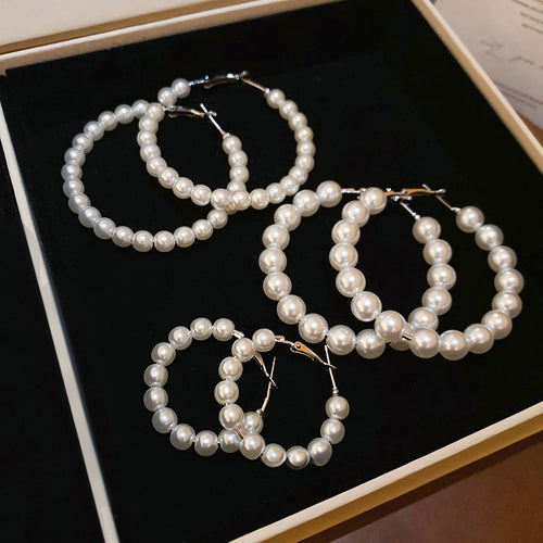 Elegant Pearl Beaded Geometric Hoop Earrings With Silver Pins For Women