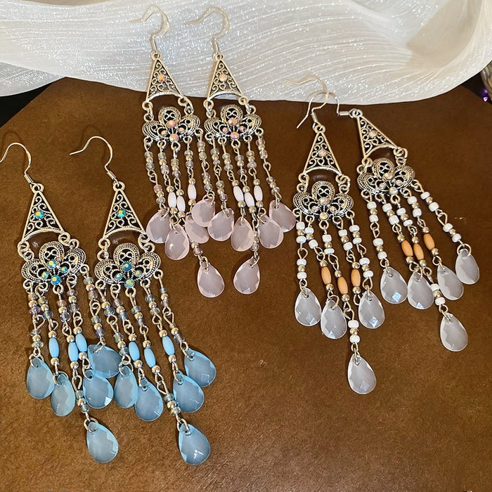Mixed Material Ethnic Triangle Flower Teardrop Crystal Tassel Drop Earrings For Women