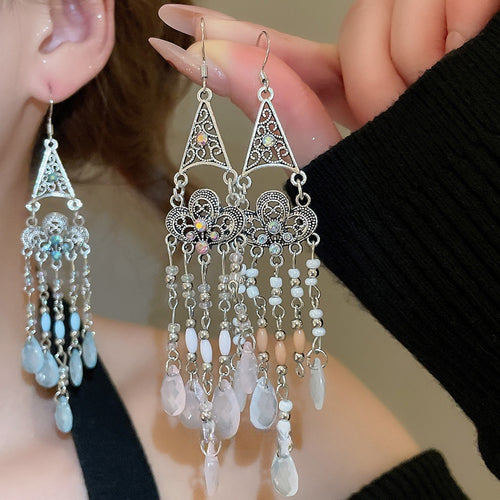 Mixed Material Ethnic Triangle Flower Teardrop Crystal Tassel Drop Earrings For Women