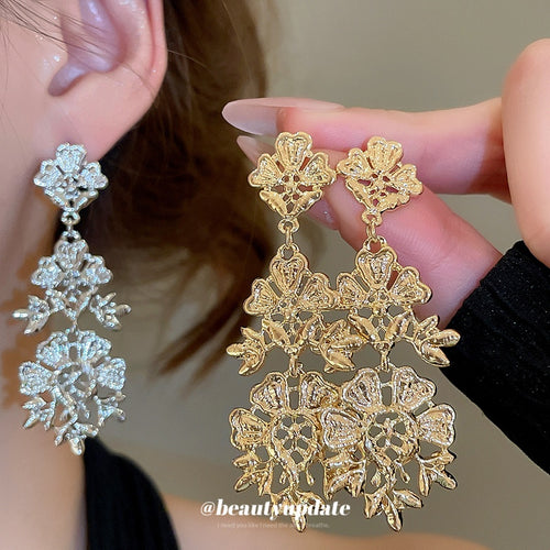 Alloy Hollow Flower Tassel Drop Earrings With Silver Needle Court Style Floral Stud Design