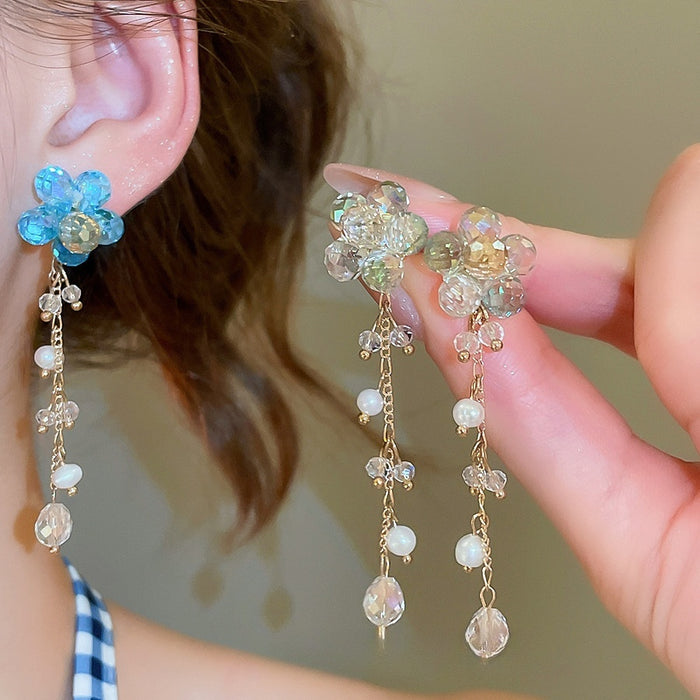 Silver Needle Crystal Beaded Floral Freshwater Pearl Tassel Drop Earrings Light Luxury Style