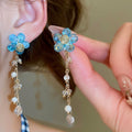 Silver Needle Crystal Beaded Floral Freshwater Pearl Tassel Drop Earrings Light Luxury Style view 3